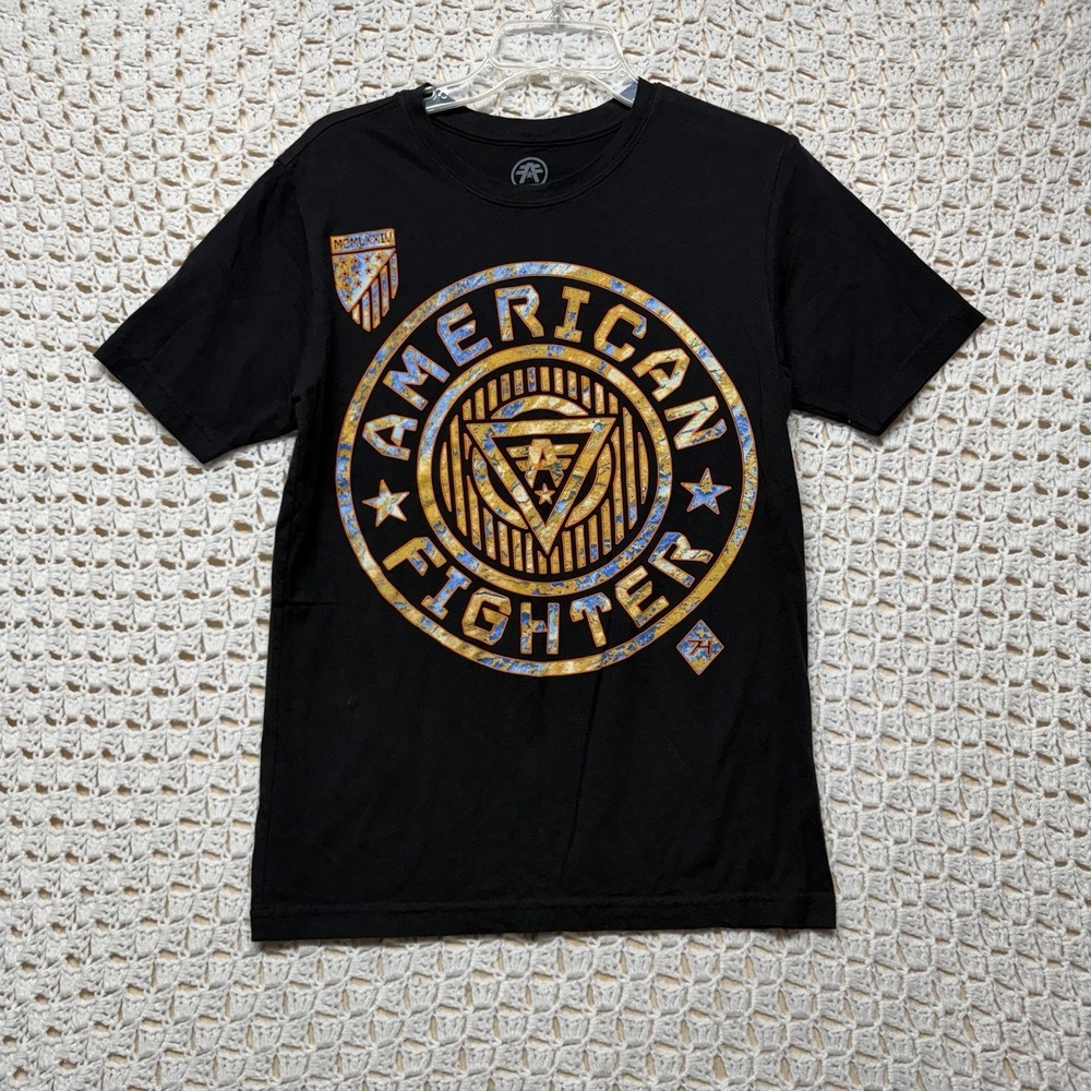 American Fighter Shirt Mens S Black Graphic Gold Blue Circle Logo MMA Gym Tee